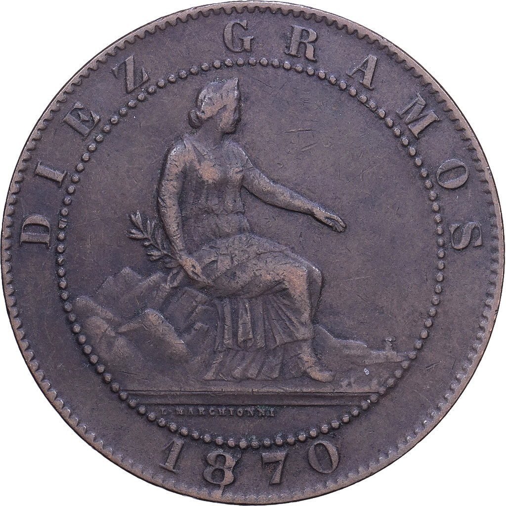 Spanien, Provisional Government, 10 Centimos, 1870, Madrid, Kupfer, S+, KM:663