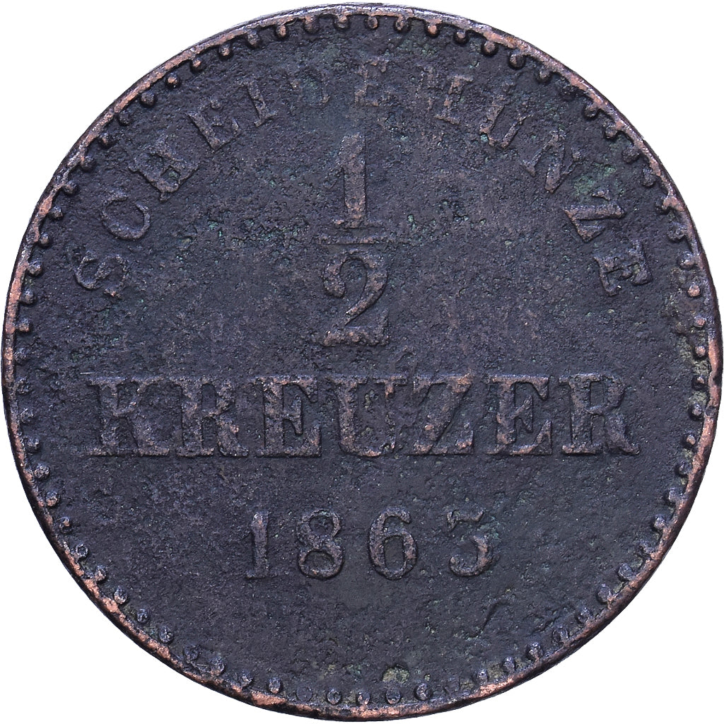 German States, WURTTEMBERG, Karl, 1/2 Kreuzer, 1865, Copper, VF(20-25)