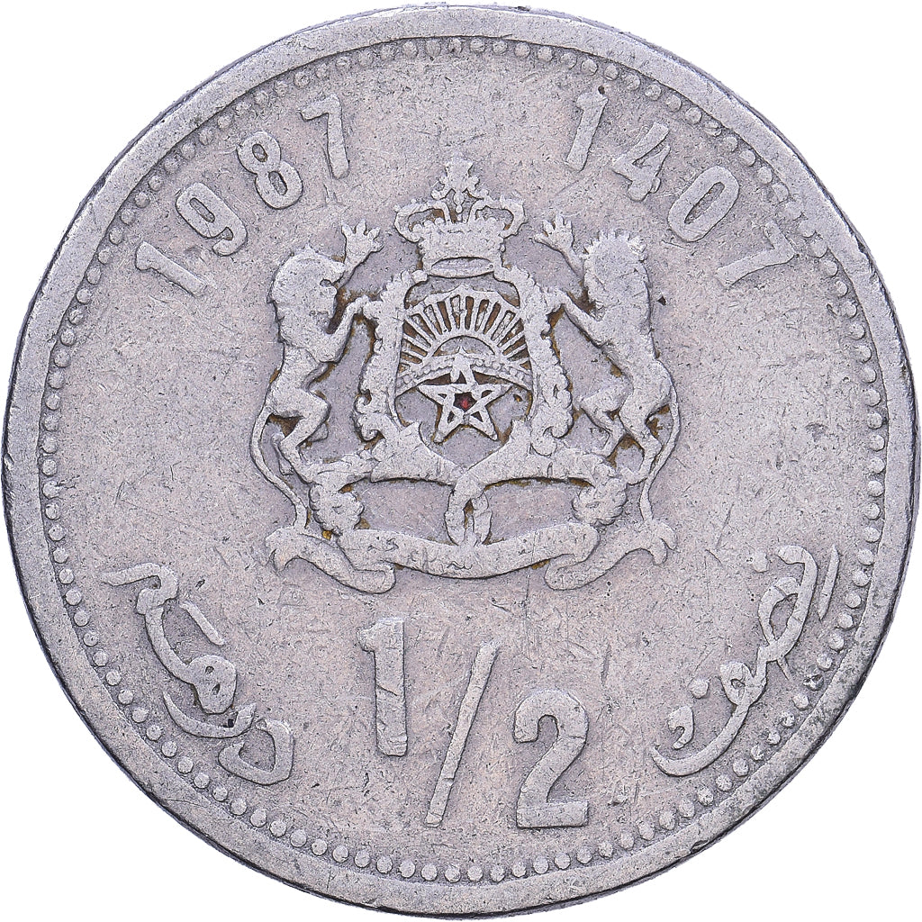 Morocco, al-Hassan II, 1/2 Dirham, 1987/AH1407, Paris, Copper-nickel, VF(30-35)