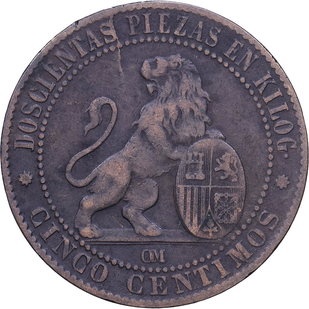 Hiszpania, 5 Centimos, 1870, Barcelona, Miedź, EF(40-45), KM:2185