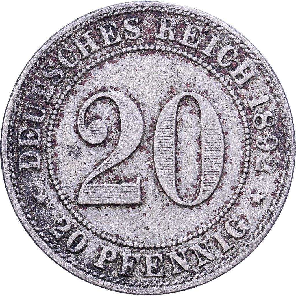 ALEMANIA - IMPERIO, 20 Pfennig, 1892, Stuttgart, Cobre - níquel, MBC, KM:13