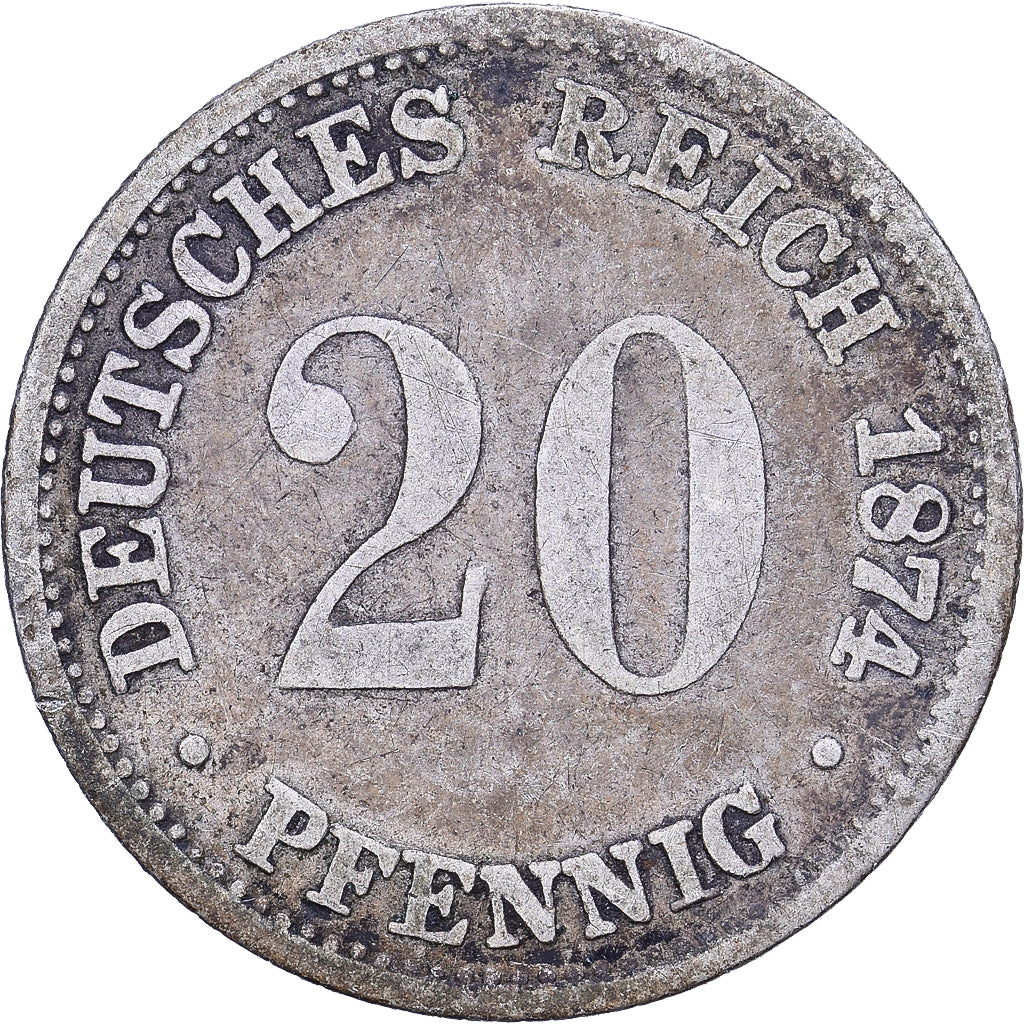 DUITSLAND - KEIZERRIJK, Wilhelm I, 20 Pfennig, 1874, Zilver, FR+, KM:5