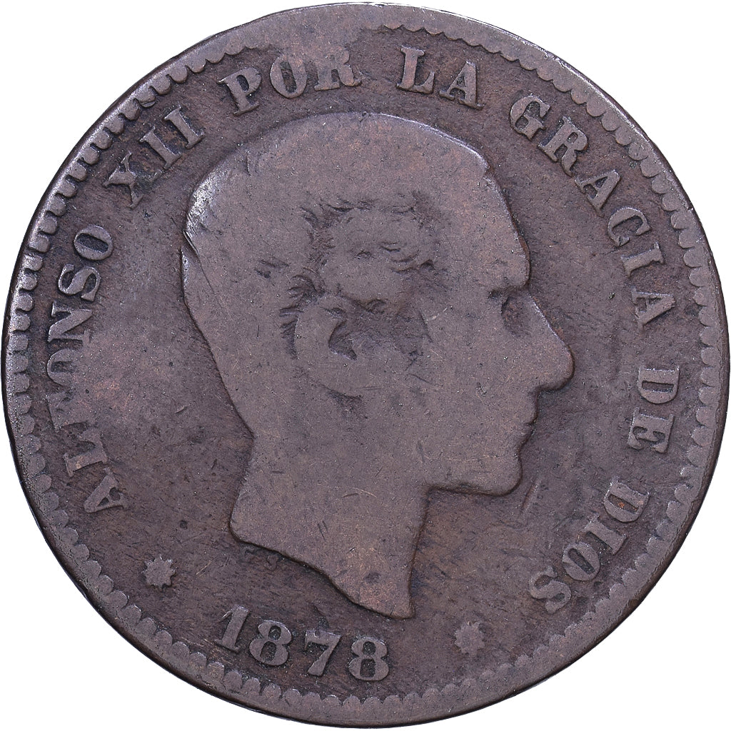 Hiszpania, Alfonso XII, 5 Centimos, 1878, Brązowy, VF(20-25), KM:674