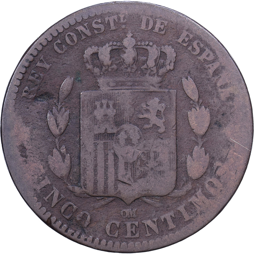 Hiszpania, Alfonso XII, 5 Centimos, 1878, Brązowy, VF(20-25), KM:674