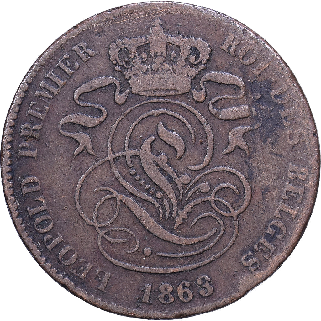 Belgium, Leopold I, 2 Centimes, 1863, Copper, VF(20-25), KM:4.2