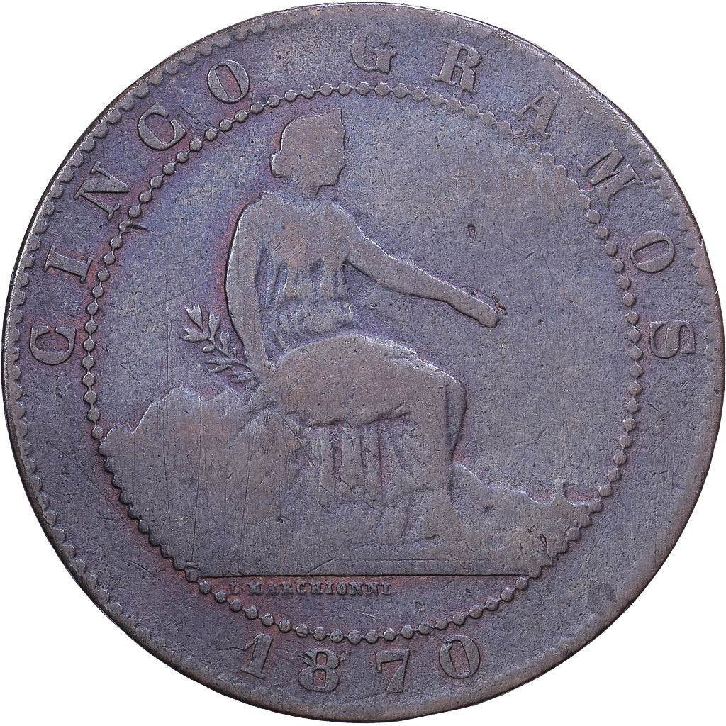 Hiszpania, Provisional Government, 5 Centimos, 1870, Madrid, Miedź, VF(30-35)