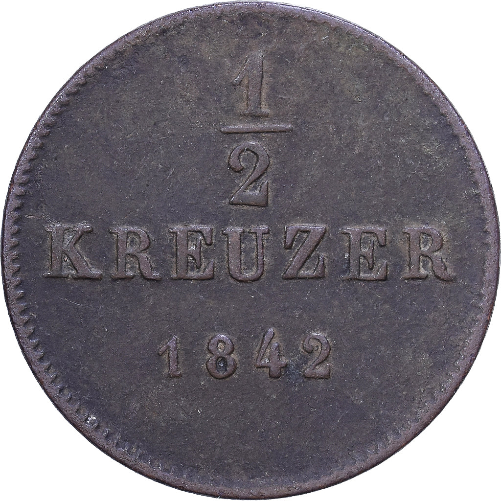 German States, WURTTEMBERG, Wilhelm I, 1/2 Kreuzer, 4 Pfennig, 1842, Copper