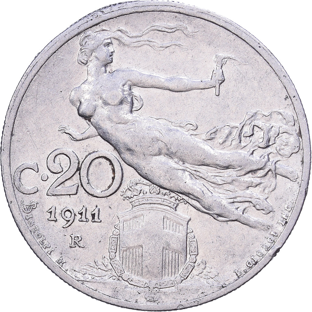 Italia, Vittorio Emanuele III, 20 Centesimi, 1911, Rome, Níquel, MBC+, KM:44