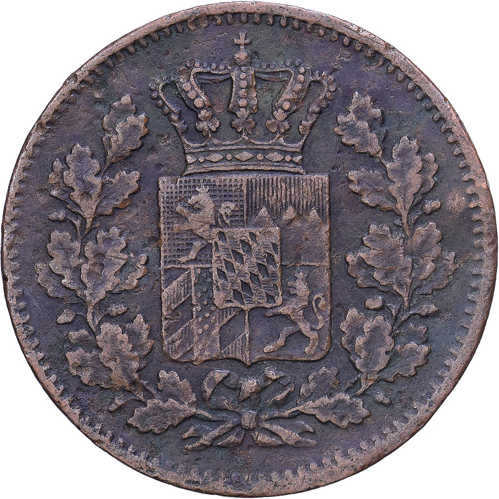 Deutsch Staaten, BAVARIA, Ludwig II, 2 Pfennig, 1862, S+, Copper, KM:857