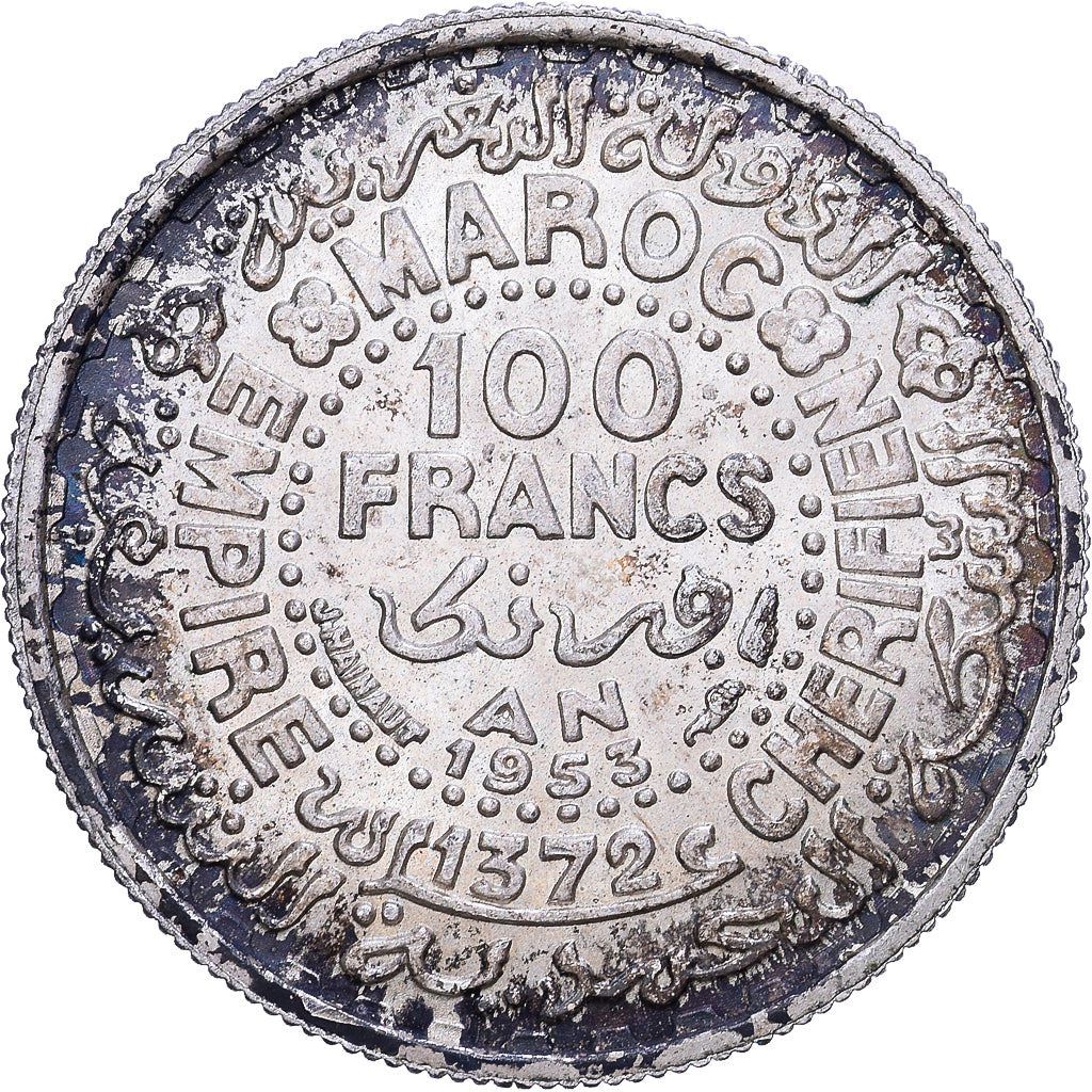 Marokko, Mohammed V, 100 Francs, AH 1372/1953, Paris, Zilver, ZF, Lecompte:288