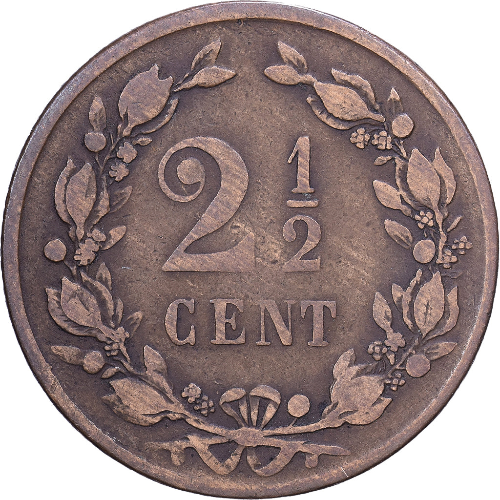 Países Bajos, William III, 2-1/2 Cent, 1877, Bronce, MBC, KM:108.1