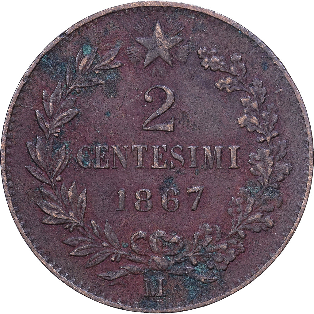 Italia, Vittorio Emanuele II, 2 Centesimi, 1867, Milan, Bronce, BC+, KM:1.1