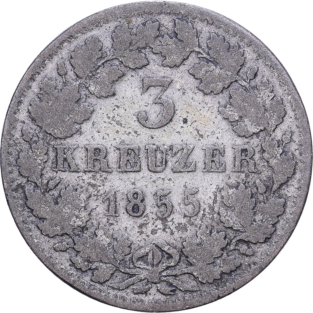 États allemands, BADEN, Leopold I, 3 Kreuzer, 1855, Baden, Argent, TB, KM:211