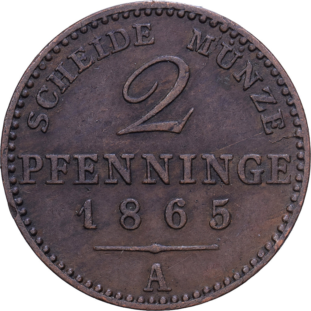 Stati tedeschi, PRUSSIA, Wilhelm I, 2 Pfennig, 1865, Berlin, Rame, BB, KM:481