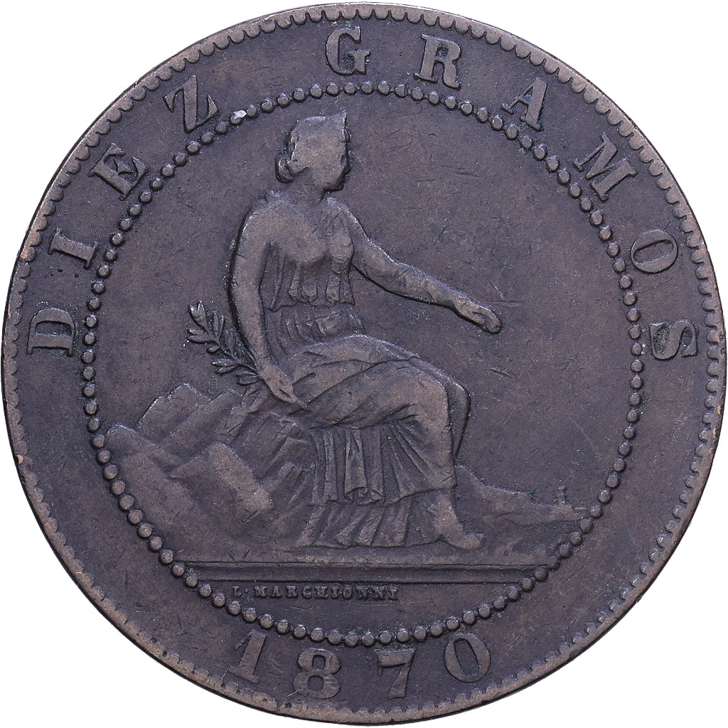 Hiszpania, Provisional Government, 10 Centimos, 1870, Madrid, Miedź, VF(30-35)