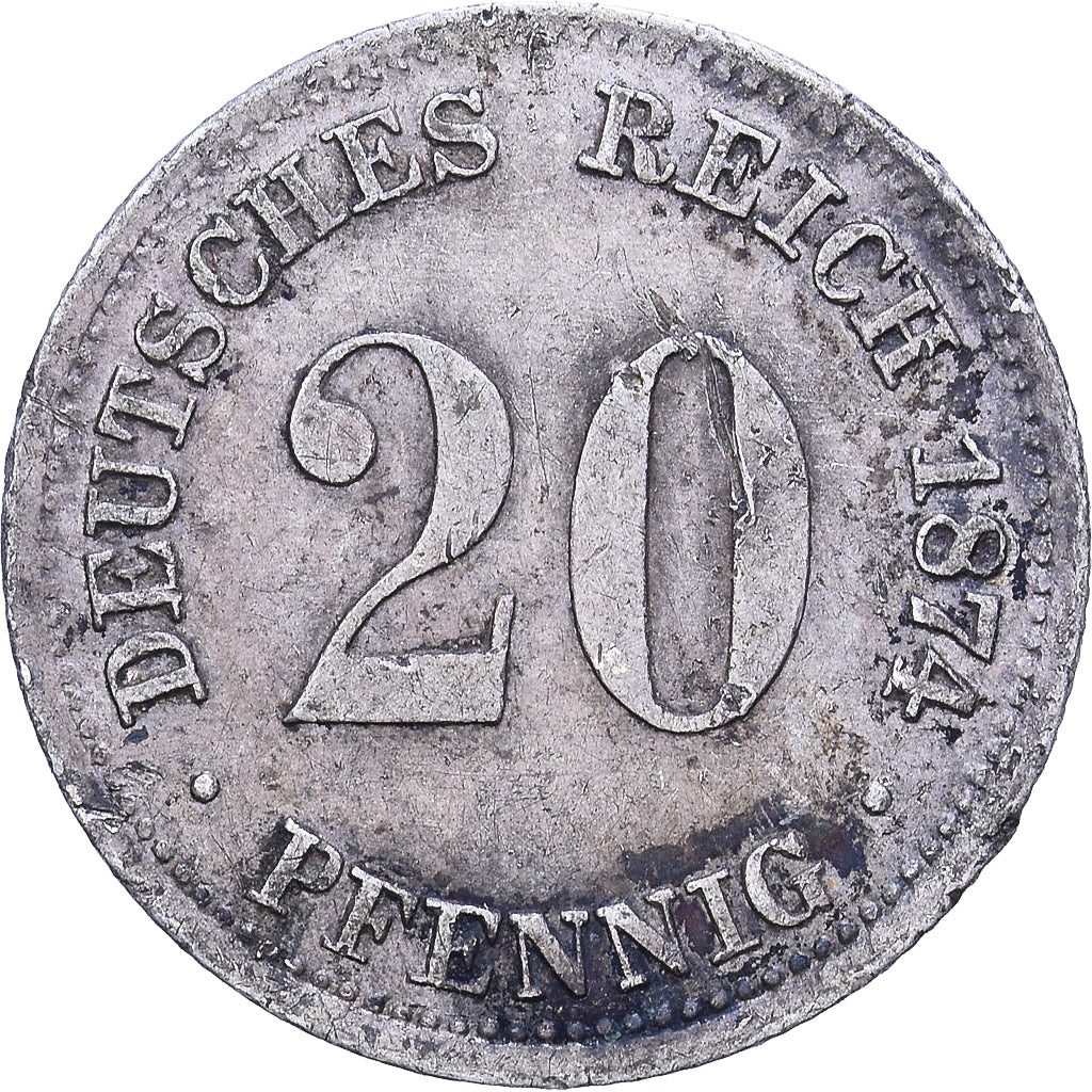 German Empire, Wilhelm I, 20 Pfennig, 1874, Berlin, Silver, VF(30-35), KM:5