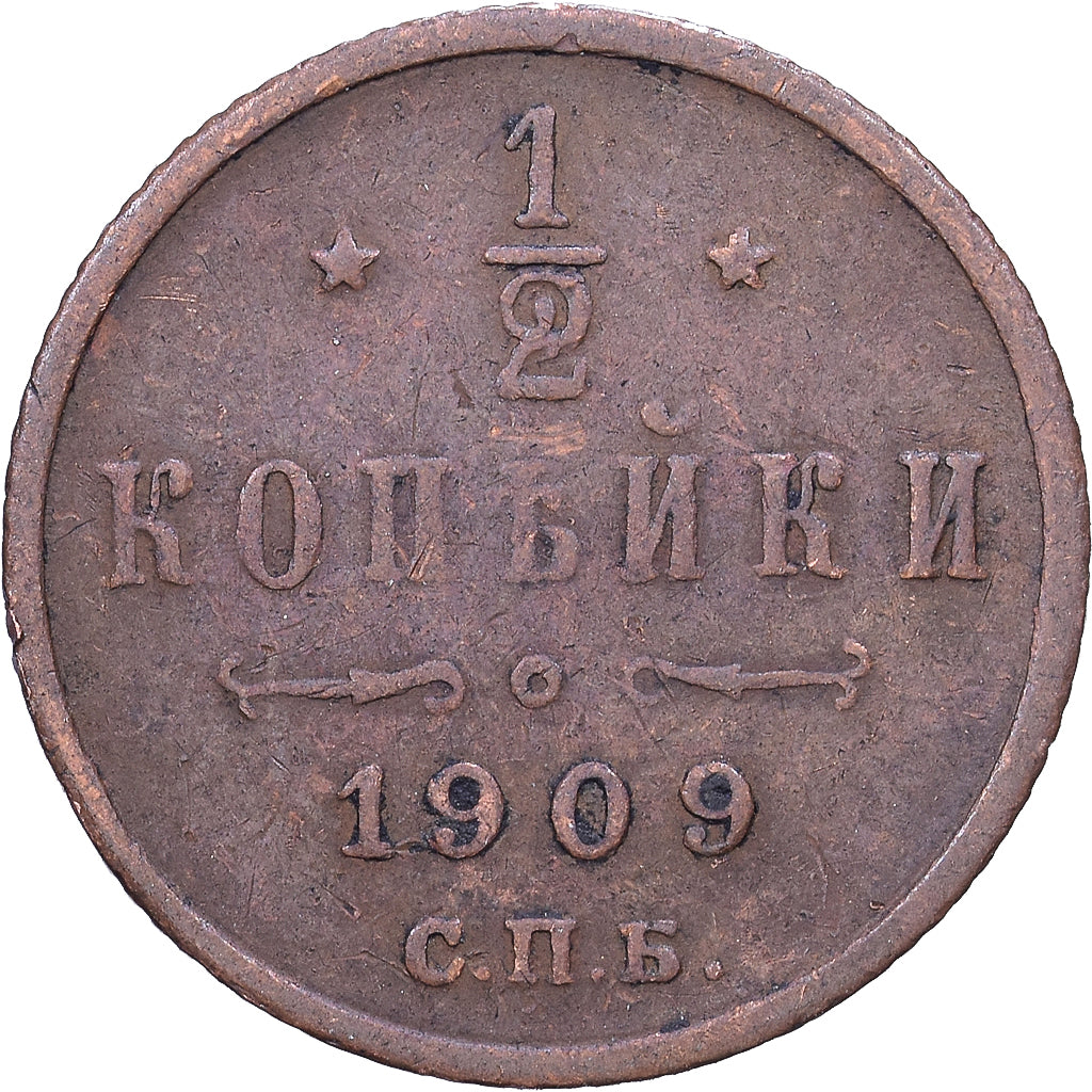 Russia, Nicholas II, 1/2 Kopek, 1909, Saint Petersburg, Copper, VF(30-35)