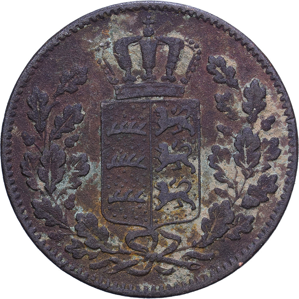 Estados Alemães, WURTTEMBERG, Wilhelm I, 1/2 Kreuzer, 4 Pfennig, 1852, Cobre