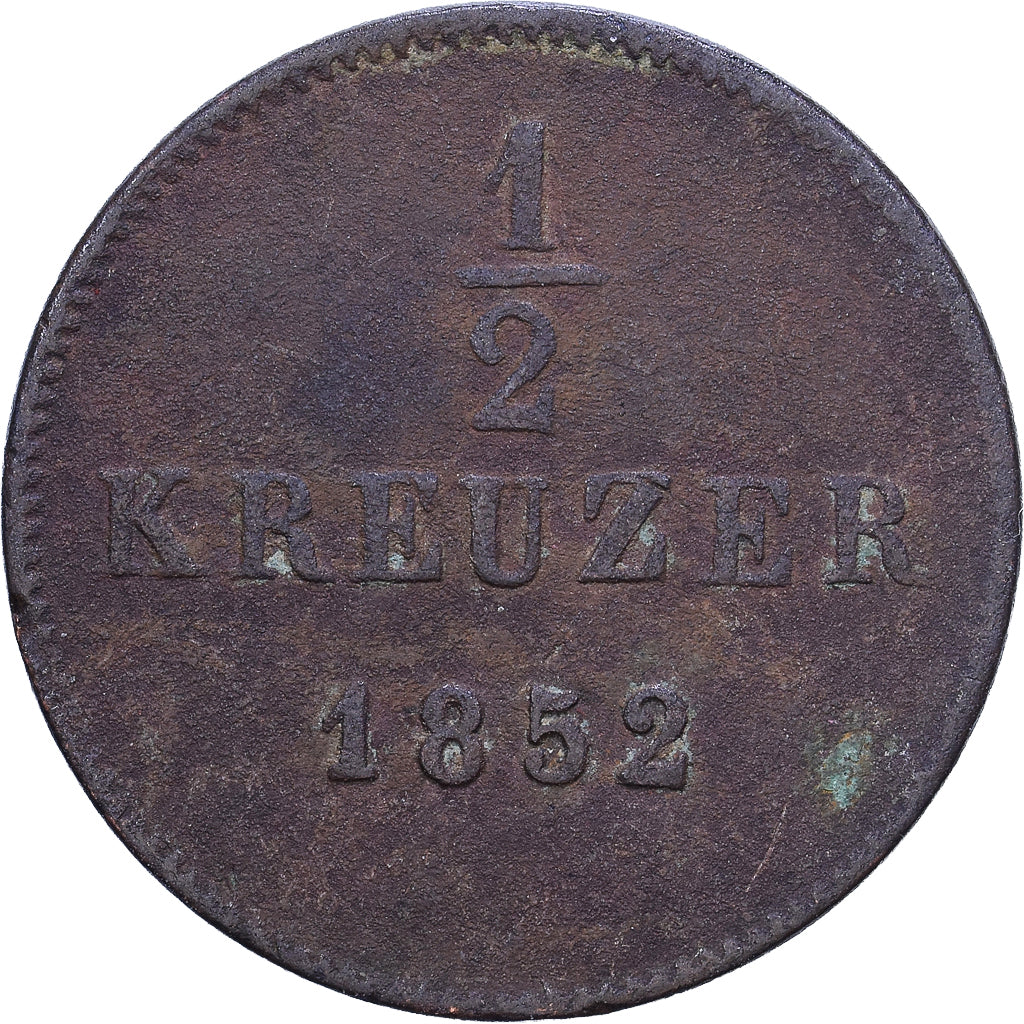 Estados Alemães, WURTTEMBERG, Wilhelm I, 1/2 Kreuzer, 4 Pfennig, 1852, Cobre