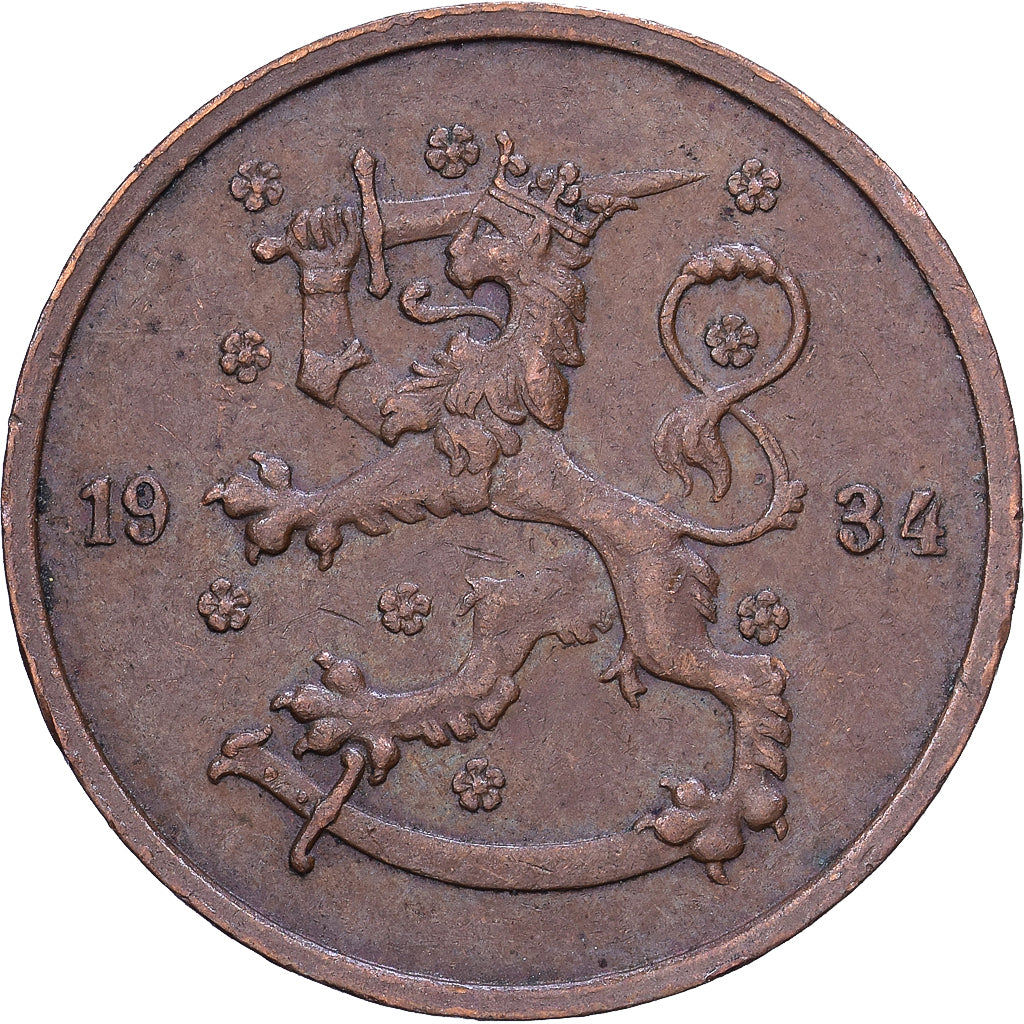 Finlandia, 5 Pennia, 1934, Helsinki, Cobre, BC+, KM:22