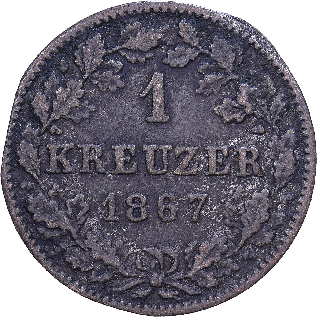 Kingdom of Württemberg, Karl I, Kreuzer, 1867, Billon, AU(50-53), KM:612
