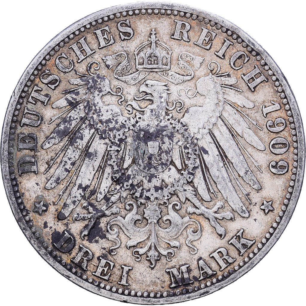 German States, PRUSSIA, Wilhelm II, 3 Mark, 1909, Berlin, Silver, EF(40-45)