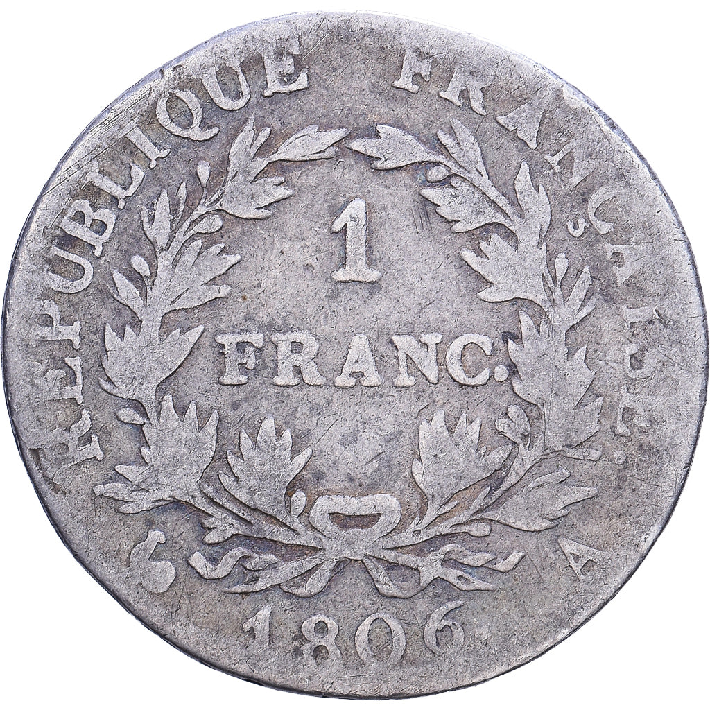 Moneda, Francia, Napoléon I, Franc, 1806, Paris, BC+, Plata, KM:672.1