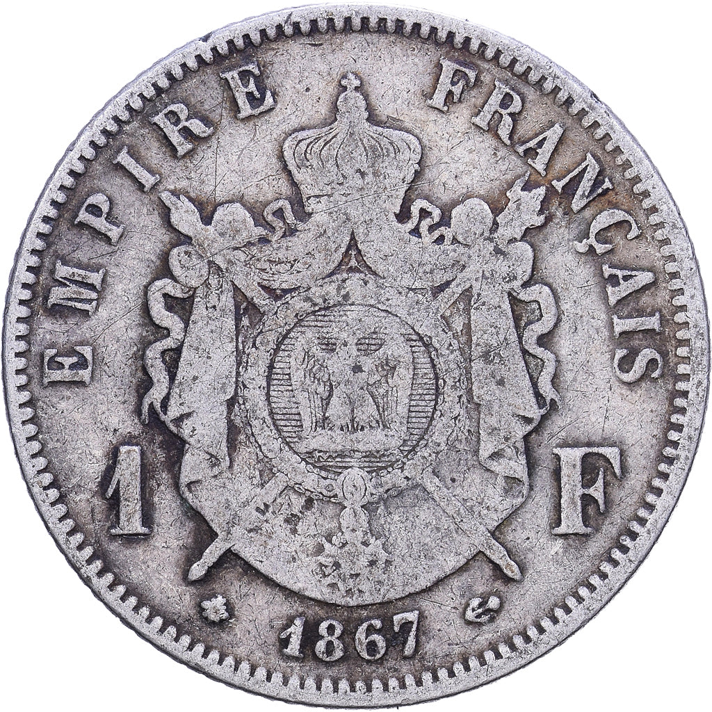 France, Napoleon III, Franc, 1867, Paris, Silver, VF(30-35), Gadoury:463
