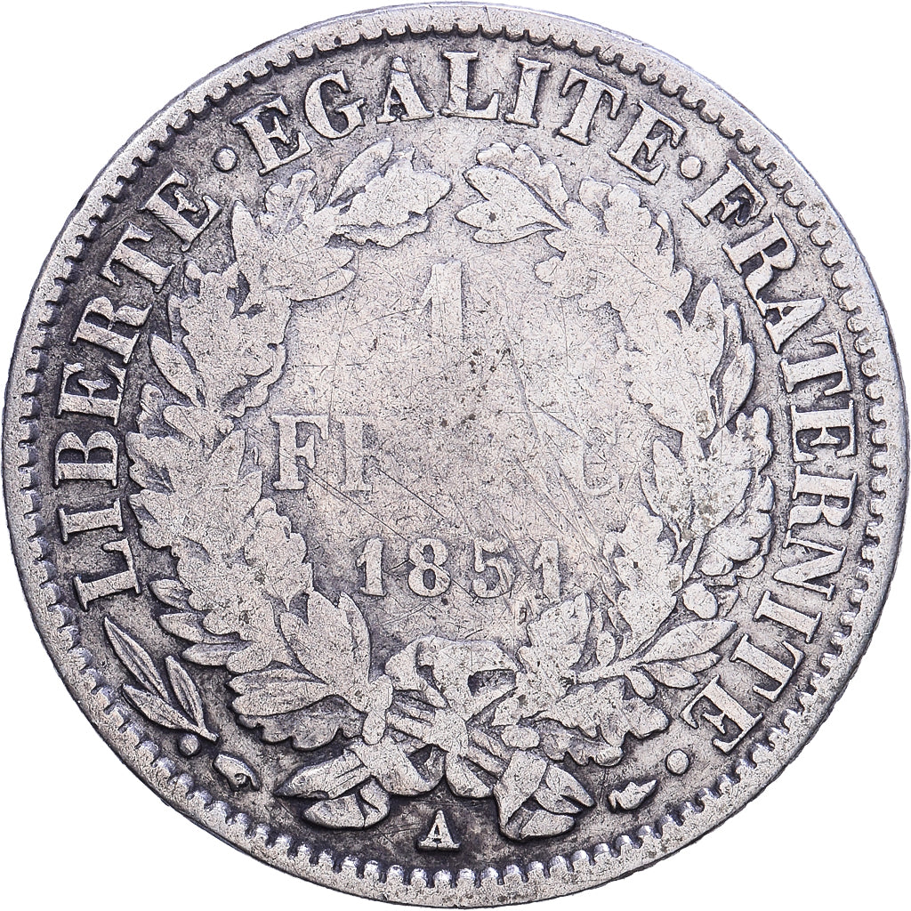France, Franc, Cérès, 1851, Paris, Silver, VF(20-25), Gadoury:457, KM:759.1
