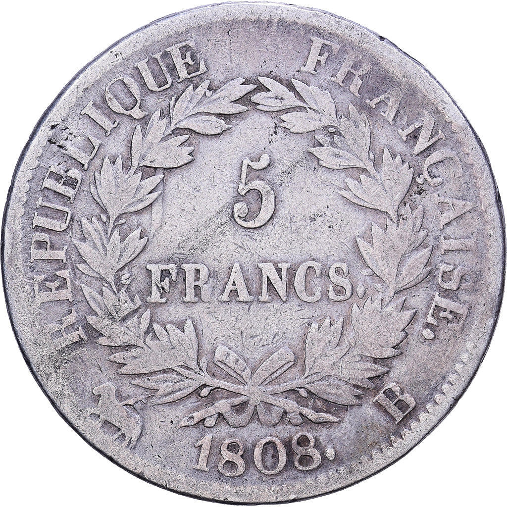France, 5 Francs, Napoléon I, 1808, Rouen, Argent, TB, Gadoury:583, KM:686.2