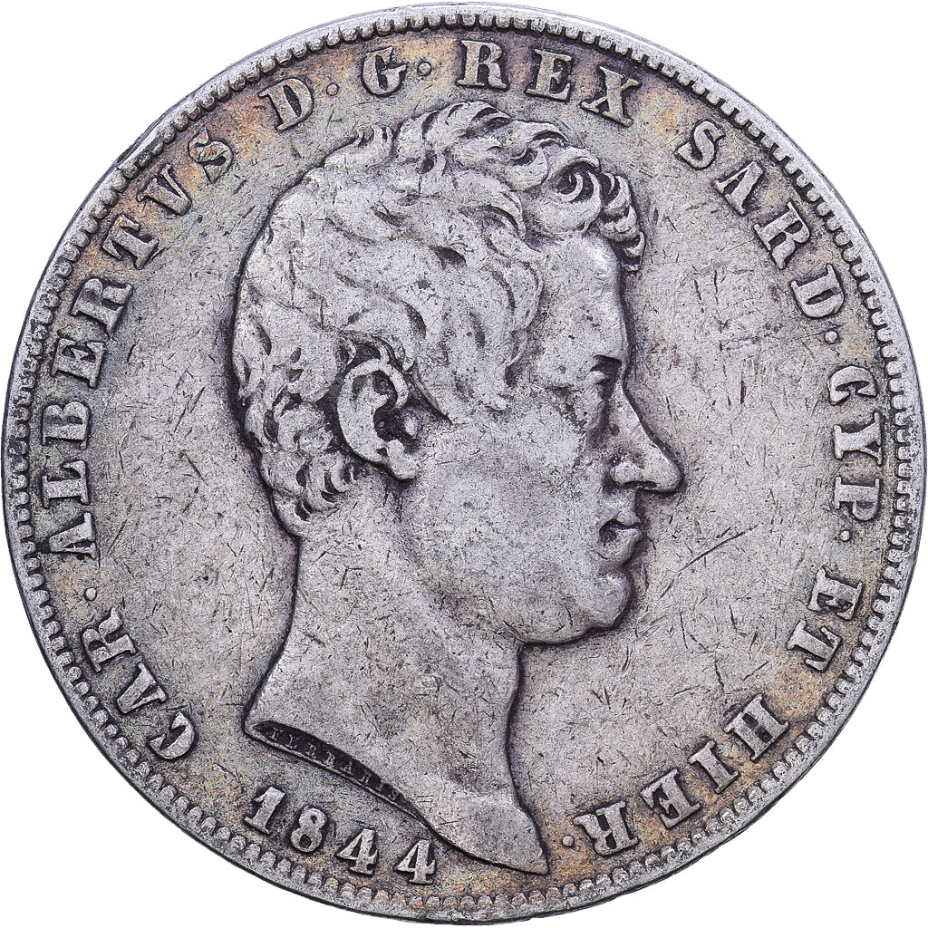 Italian States, SARDINIA, Carlo Alberto, 5 Lire, 1844, Silver, EF(40-45)