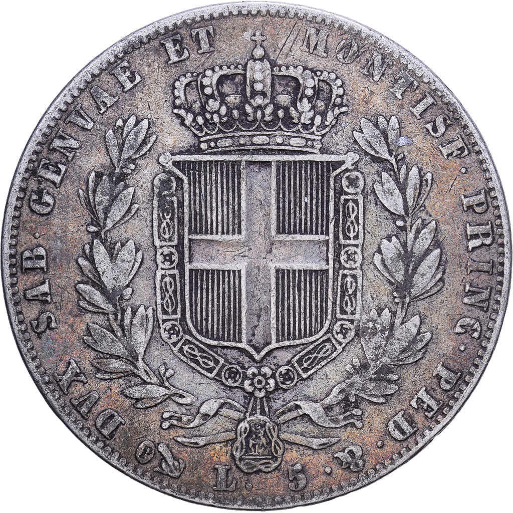 Italian States, SARDINIA, Carlo Alberto, 5 Lire, 1844, Silver, EF(40-45)