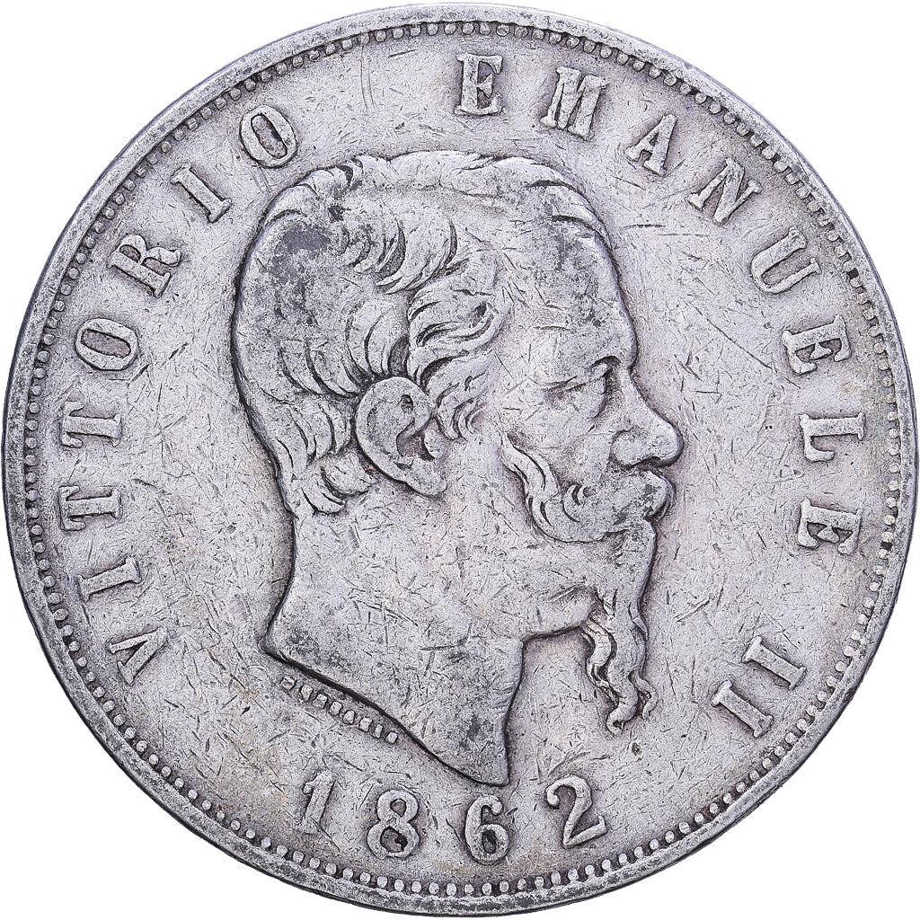 Italia, Vittorio Emanuele II, 5 Lire, 1862, Naples, Plata, BC+, KM:8.4