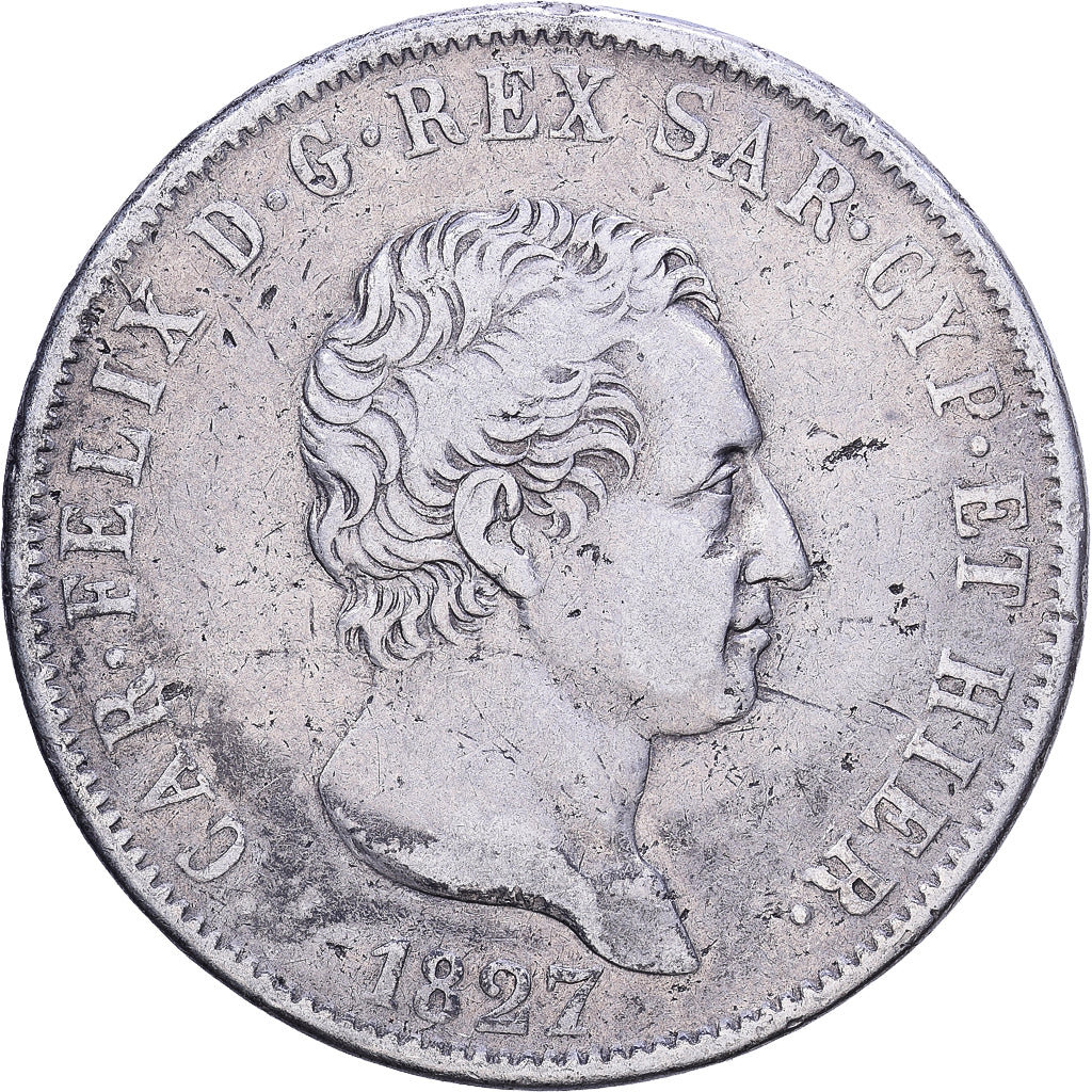 Italian States, SARDINIA, Carlo Felice, 5 Lire, 1827, Genoa, Silver, VF(20-25)