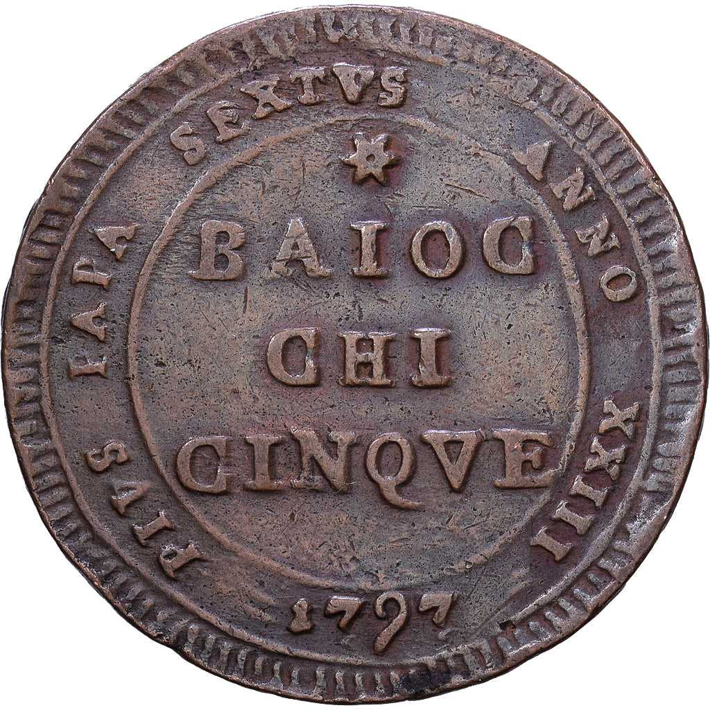 Papal States, Pius VI, 5 Baiocchi, 1797, Rome, Cobre, MBC, KM:1245