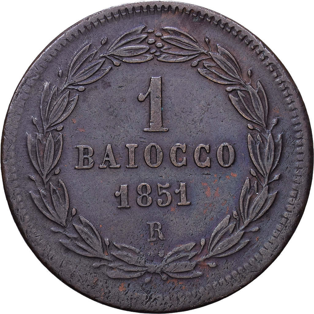 Papal States, Pius IX, 1 Baiocco, 1851, Rome, Cobre, EF(40-45), KM:1345