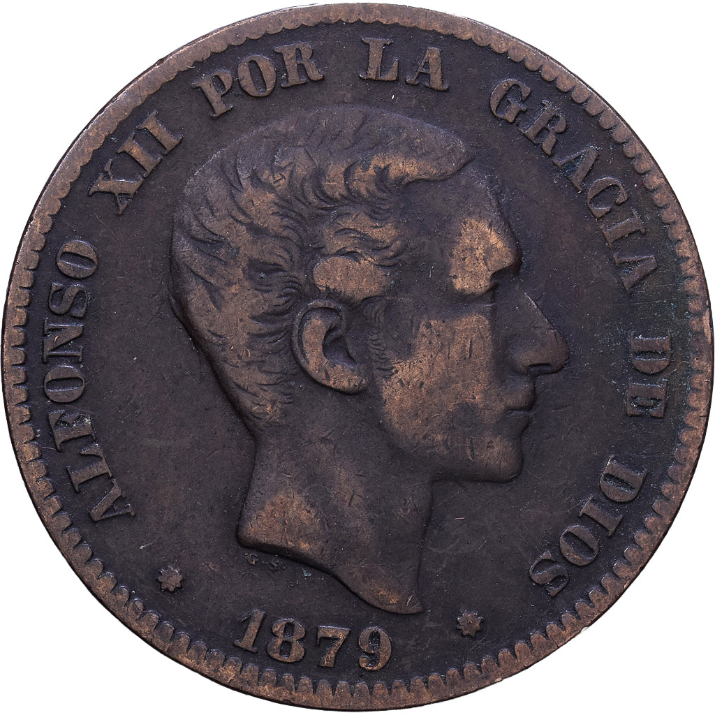 Espagne, Alphonse XII, 10 Centimos, 1879, Barcelone, Bronze, TB, KM:675