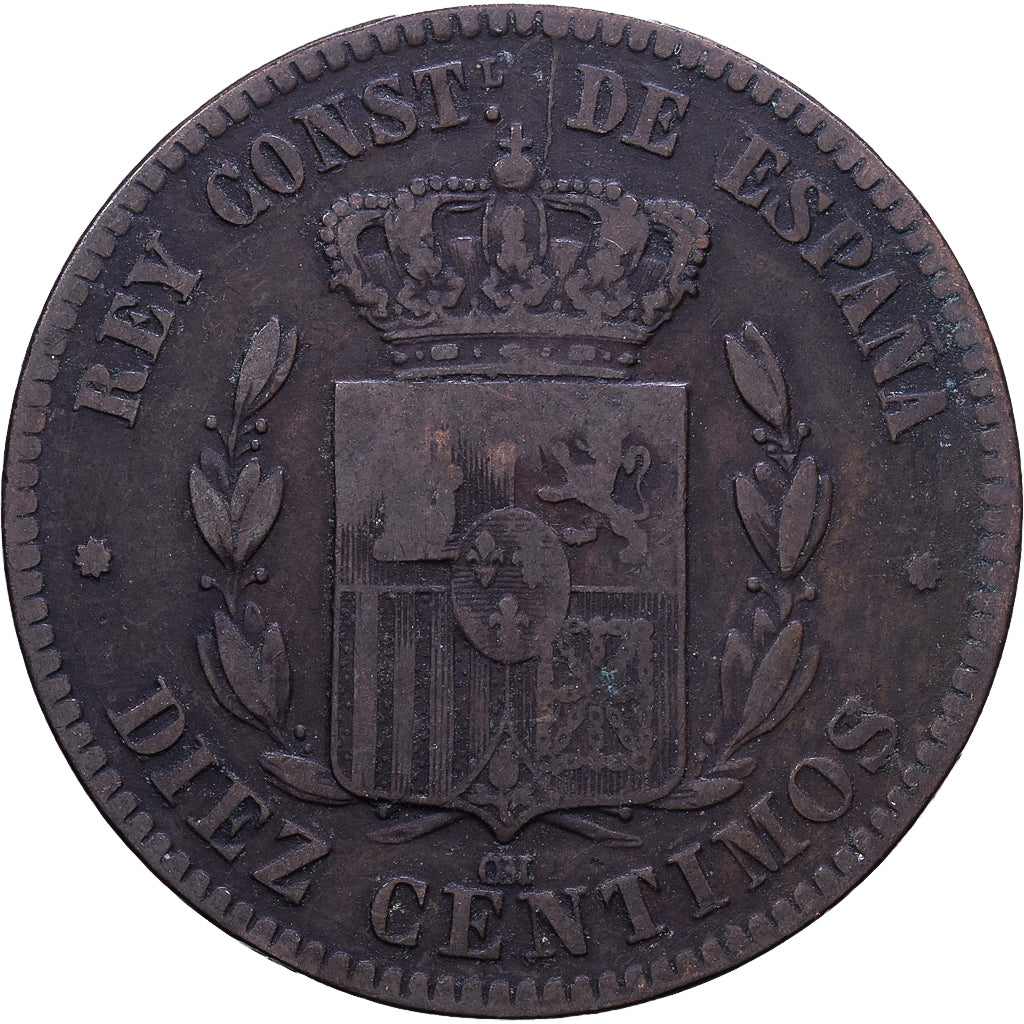 Espagne, Alphonse XII, 10 Centimos, 1879, Barcelone, Bronze, TB, KM:675