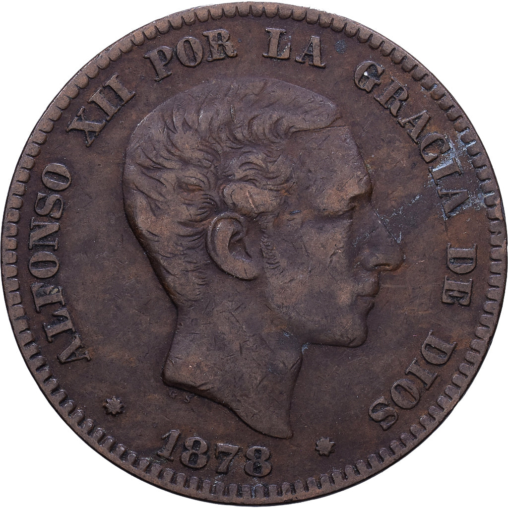 Espanha, Alfonso XII, 10 Centimos, 1878, Barcelona, Bronze, VF(20-25), KM:675