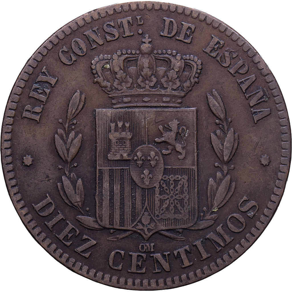 Espanha, Alfonso XII, 10 Centimos, 1878, Barcelona, Bronze, VF(20-25), KM:675