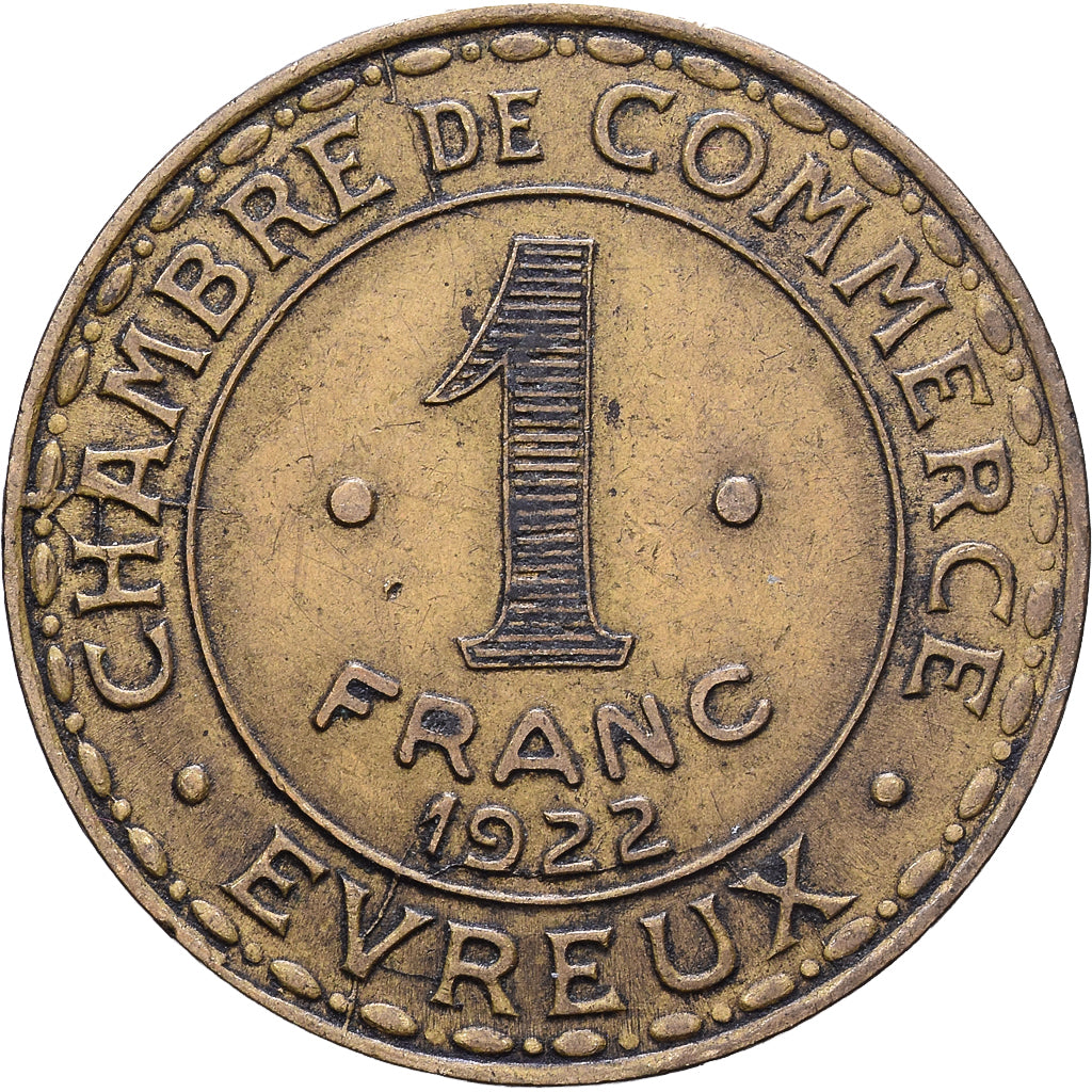 Frankrijk, Chambre de commerce d'Evreux, 1 Franc, 1922, FR+, Tin, Elie:10.4