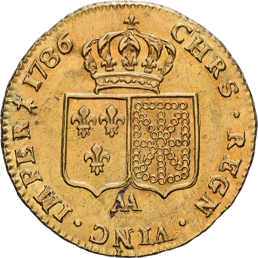 França, Louis XVI, Double Louis d'or à la tête nue, 1786, Metz, Dourado