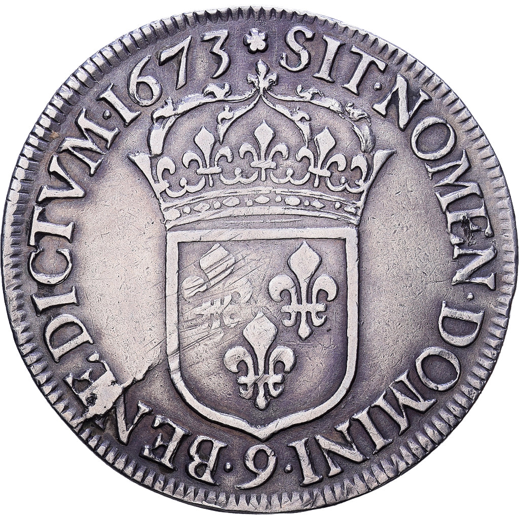 Francja, Louis XIV, Écu à la cravate, 1673, Rennes, Srebro, VF(30-35)