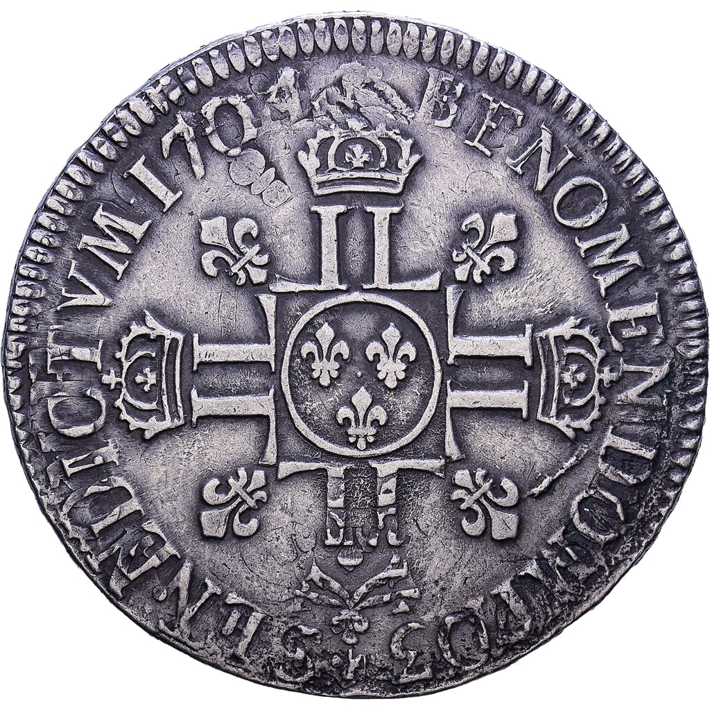 France, Louis XIV, Ecu aux 8 L, 1704, Lyon, reformed, Silver, VF(20-25)