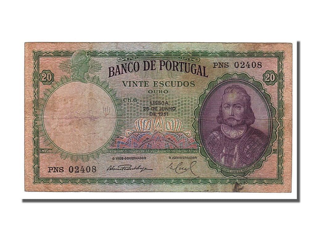 Banconote, Portogallo, 20 Escudos, 1951, 1951-06-26, MB+