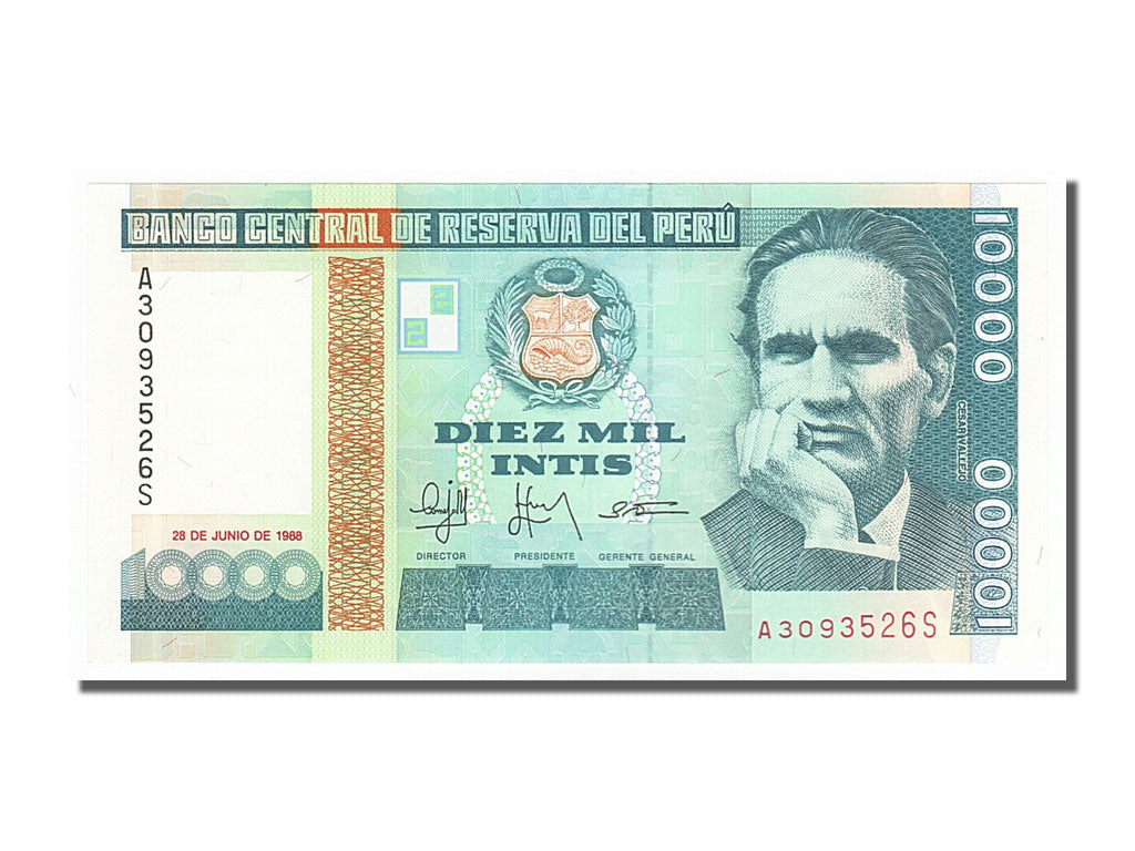 Banknote, Peru, 10,000 Intis, 1988, 1988-06-28, UNC(65-70)
