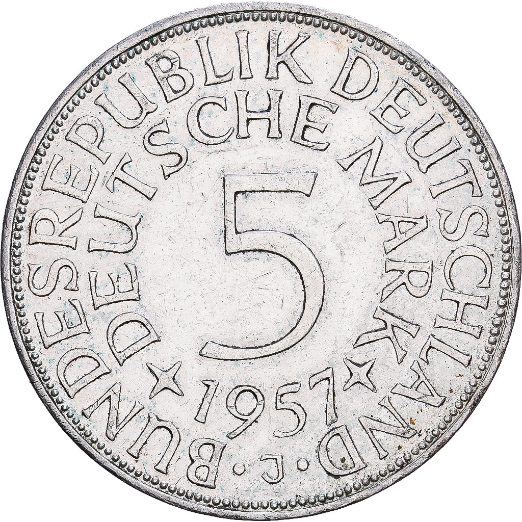 ALEMANHA - REPÚBLICA FEDERAL, 5 Mark, 1957, Hamburg, Prata, VF(30-35), KM:112.1