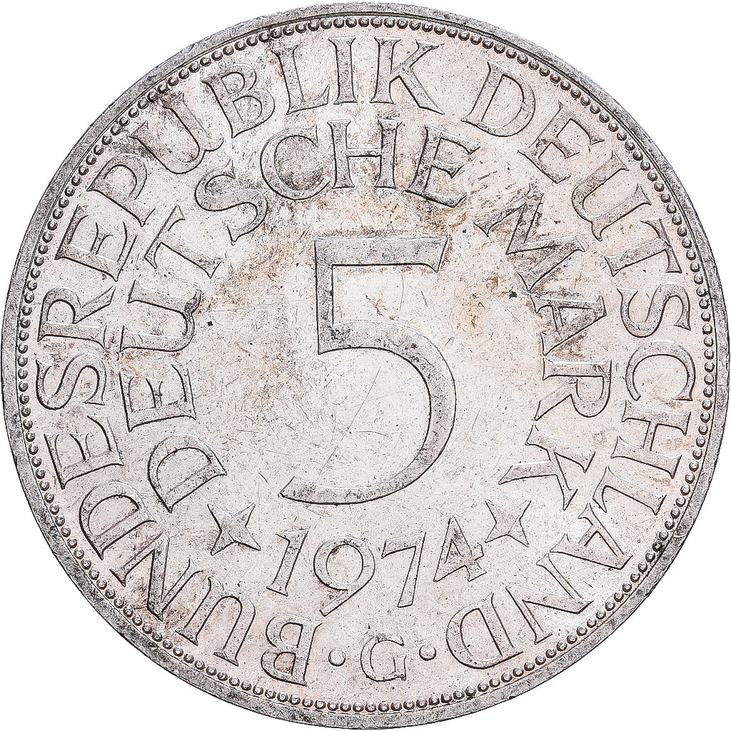 GERMANIA - REPUBBLICA FEDERALE, 5 Mark, 1974, Karlsruhe, Argento, BB+, KM:112.1