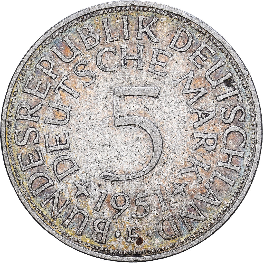 Federal Republic of Germany, 5 Mark, 1951, Stuttgart, Silver, EF(40-45)