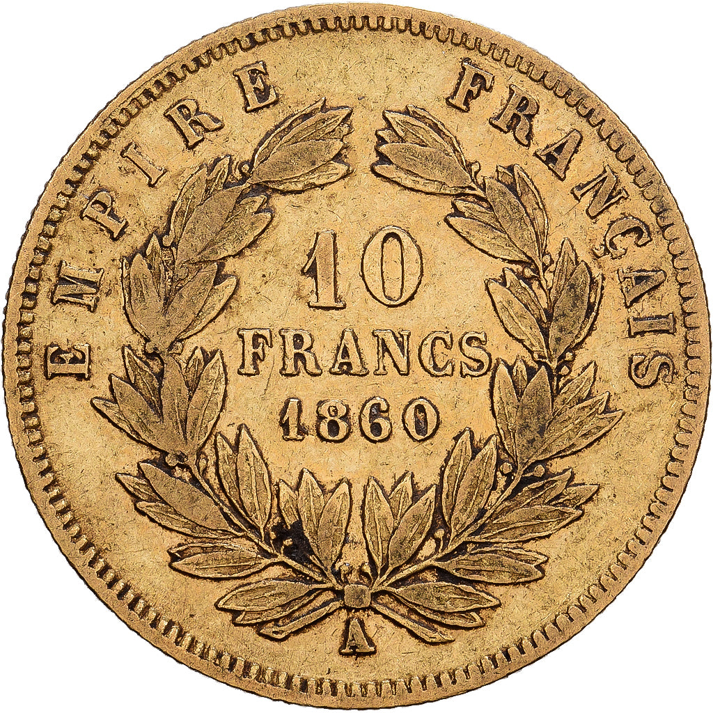 França, Napoleon III, 10 Francs, Napoléon III, 1860, Paris, Dourado